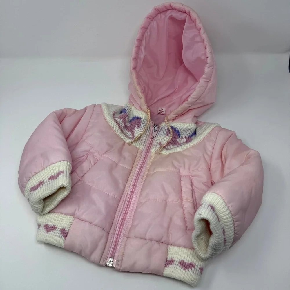 Vintage 80s Baby Girl Pink Puffer Jacket 18M Rocking Horse Knit Hooded